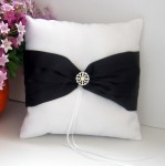 White Silk Wedding Ring Pillow Black Ribbon and Diamante Ring Set